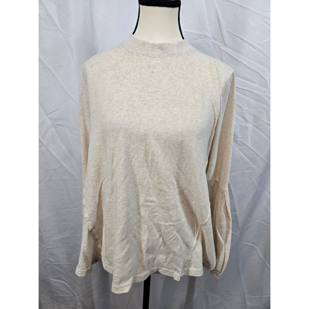 Free People‎ Mock Neck Balloon Sleeve Button Back Pleated Top Oatmeal Large